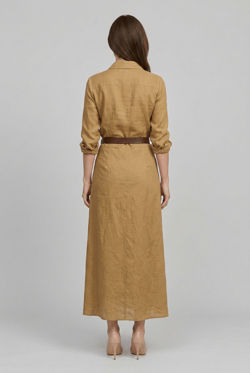 Maxikleid Damen | Hemdblusenkleid mit Wickelrock & V-Ausschnitt