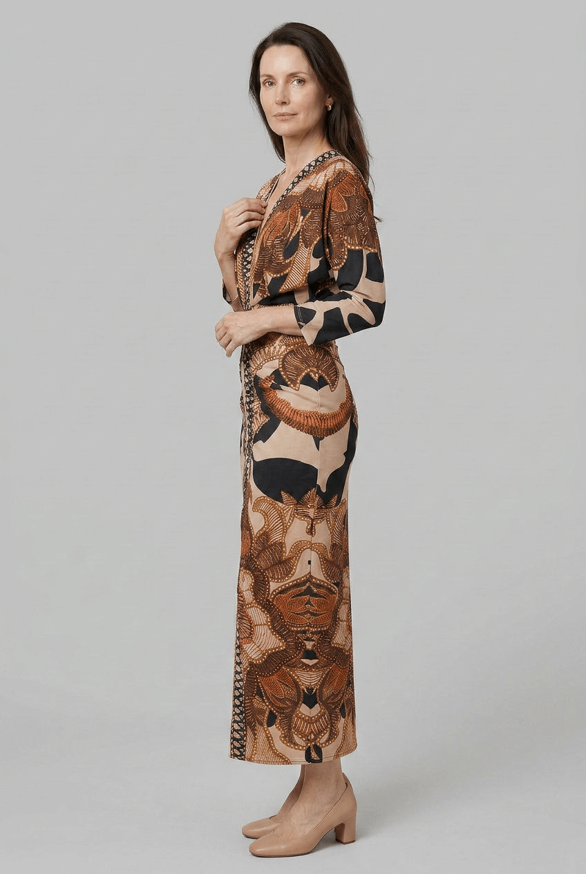 Abendkleid Damen | Maxi mit Schnürung & ethnischem Print