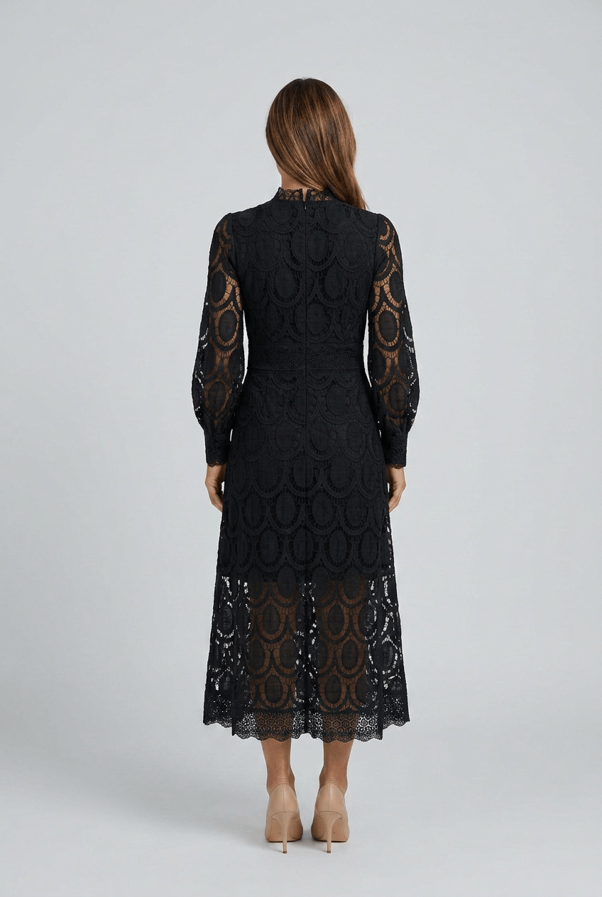 Kleid Hochzeitsgast Damen | Maxikleid aus Spitze mit Stehkragen & Puffärmeln