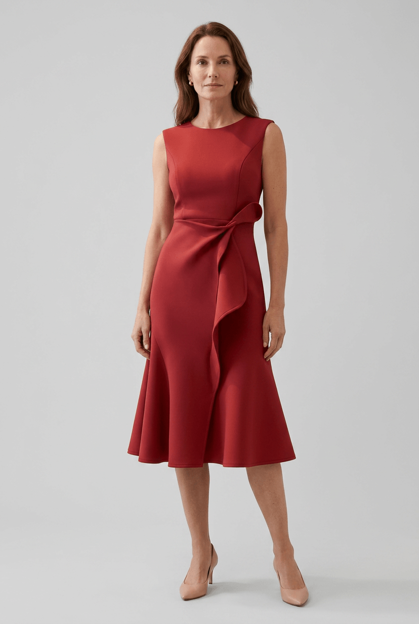 Kleid Hochzeitsgast Damen | Midi mit Kaskadenrüsche & ärmellos