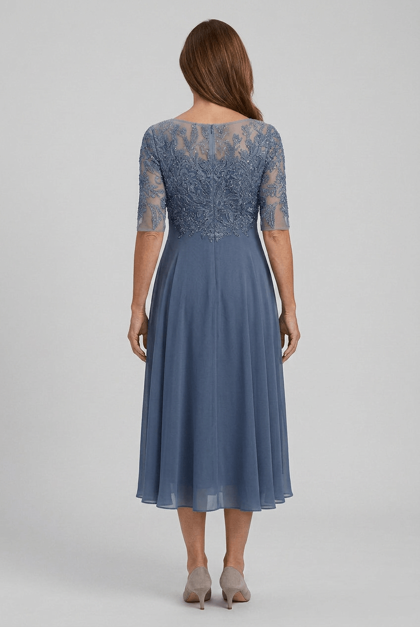 Kleid Hochzeitsgast Damen | Midi mit Spitzenoberteil & 3/4-Arm