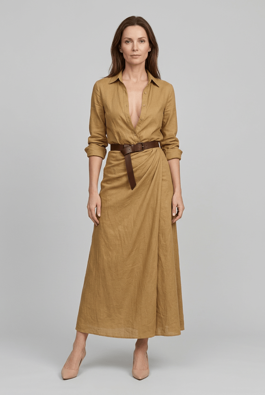 Maxikleid Damen | Hemdblusenkleid mit Wickelrock & V-Ausschnitt