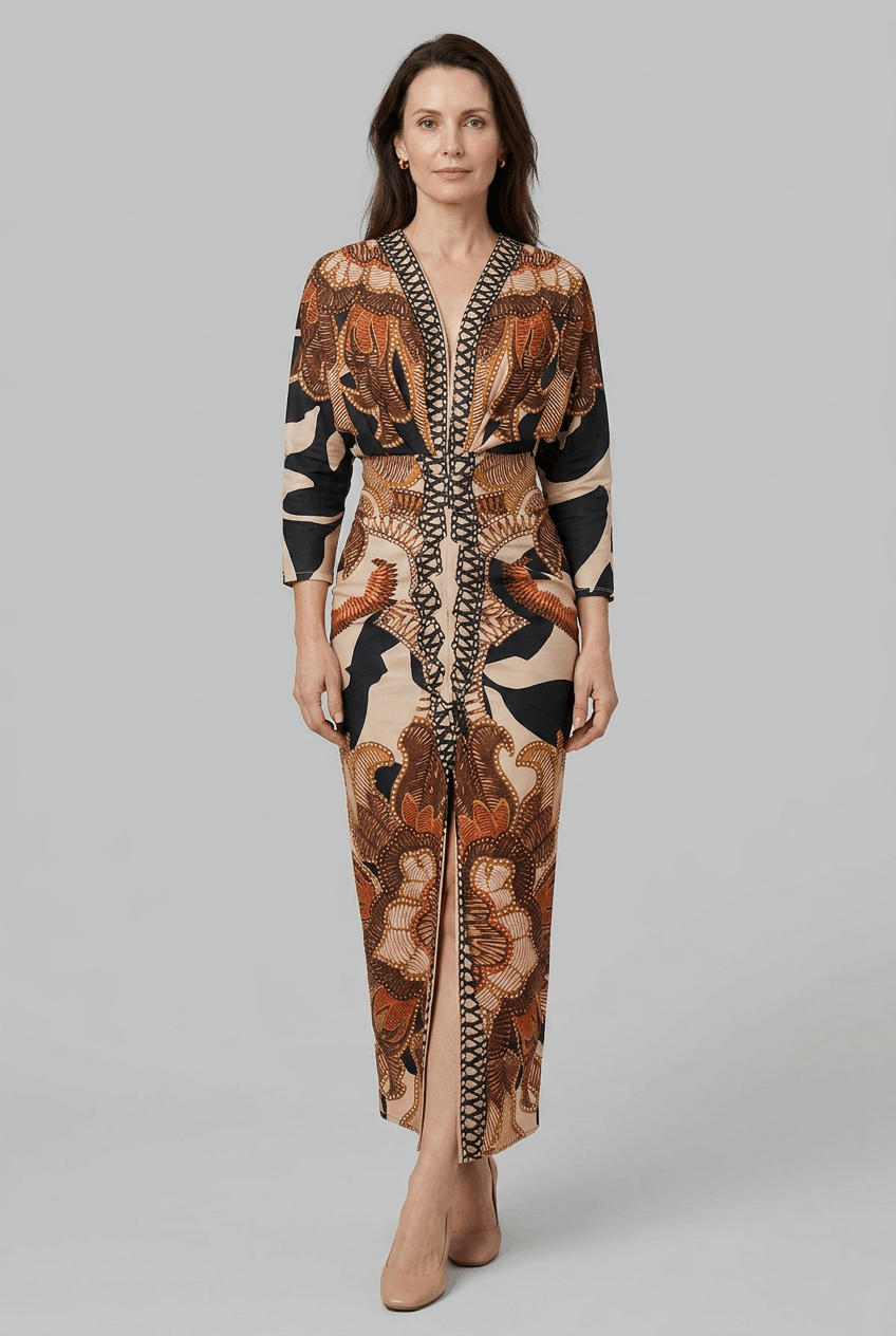 Abendkleid Damen | Maxi mit Schnürung & ethnischem Print