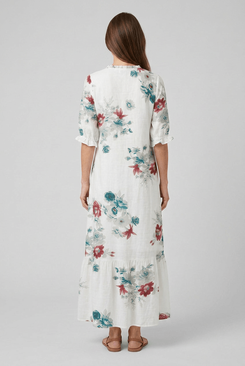 Sommerkleid Damen Maxi | Blumenprint & Kordel-V-Ausschnitt