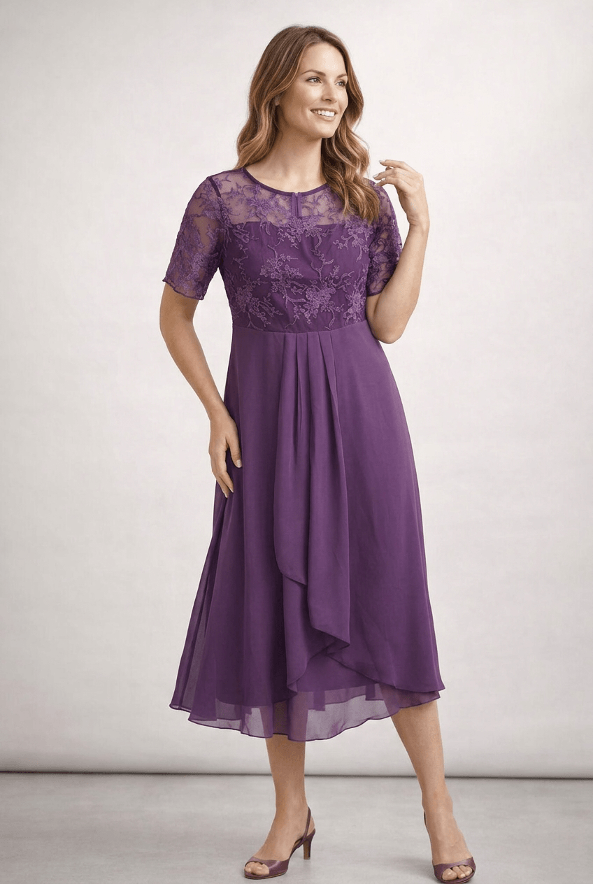 Kleid Hochzeitsgast Damen Midikleid | Spitzenoberteil, kurzen Ärmeln & gestuftem Rock