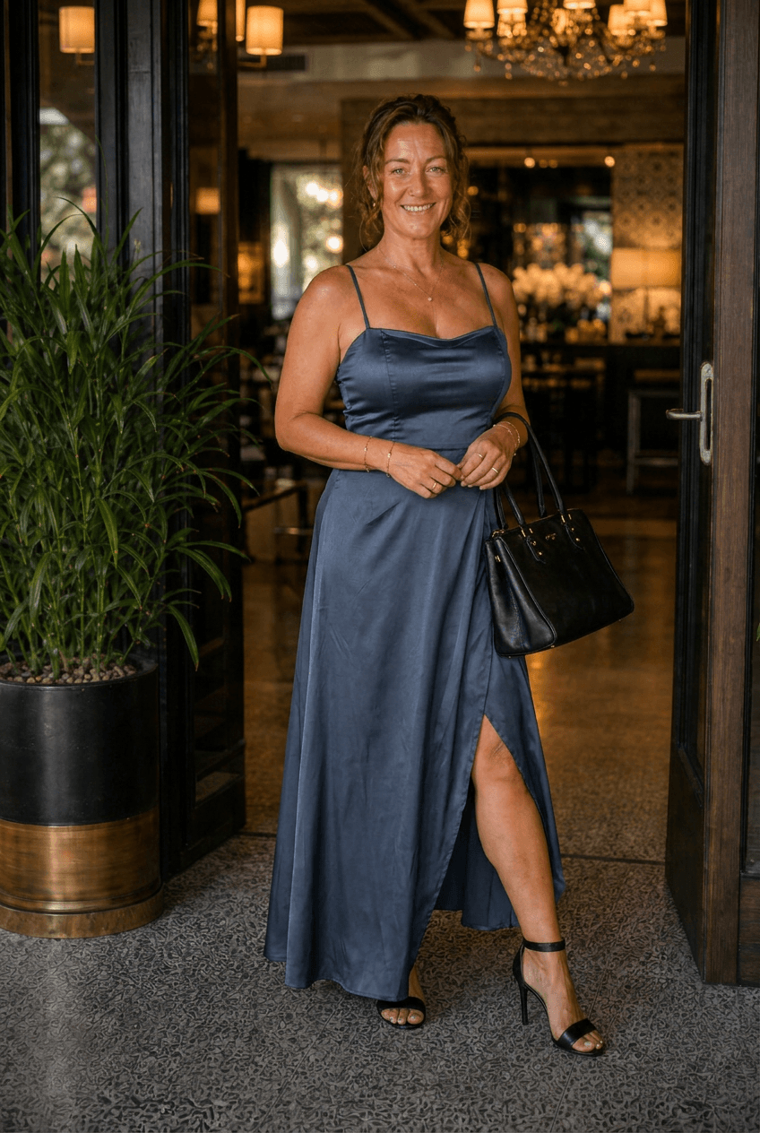 Kleid Hochzeitsgast Damen Maxikleid | Spaghettiträgern, Wasserfallausschnitt & Wickelrock
