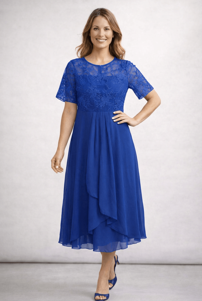 Kleid Hochzeitsgast Damen Midikleid | Spitzenoberteil, kurzen Ärmeln & gestuftem Rock