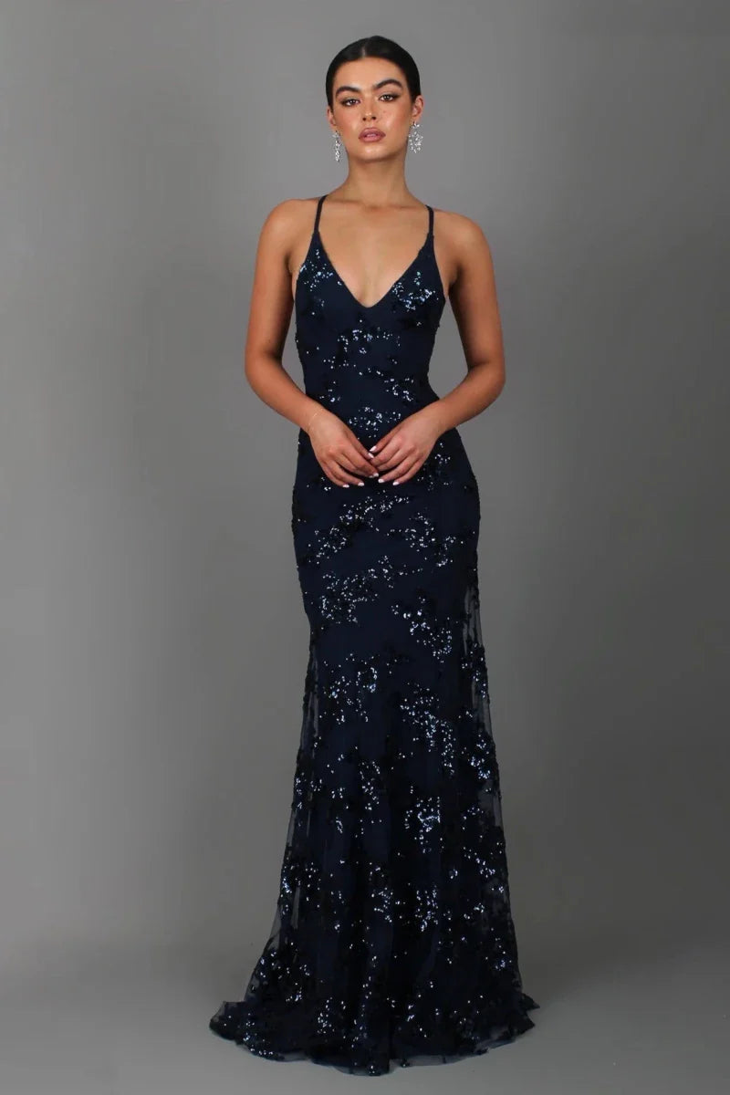 Abendkleider Damen | Maxi mit Paillettenstickerei & offenem Rücken
