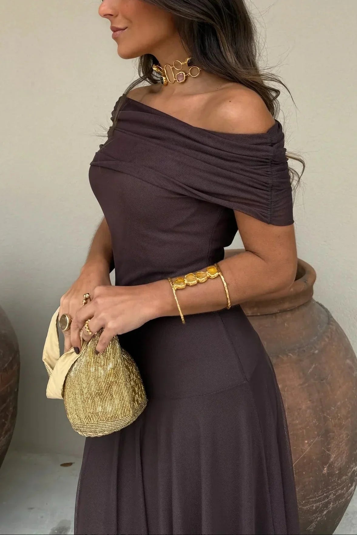 Kleid Hochzeitsgast Damen | Maxi mit One-Shoulder & Drapierung
