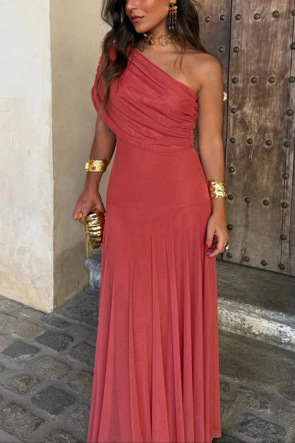 Kleid Hochzeitsgast Damen | Maxi mit One-Shoulder & Drapierung
