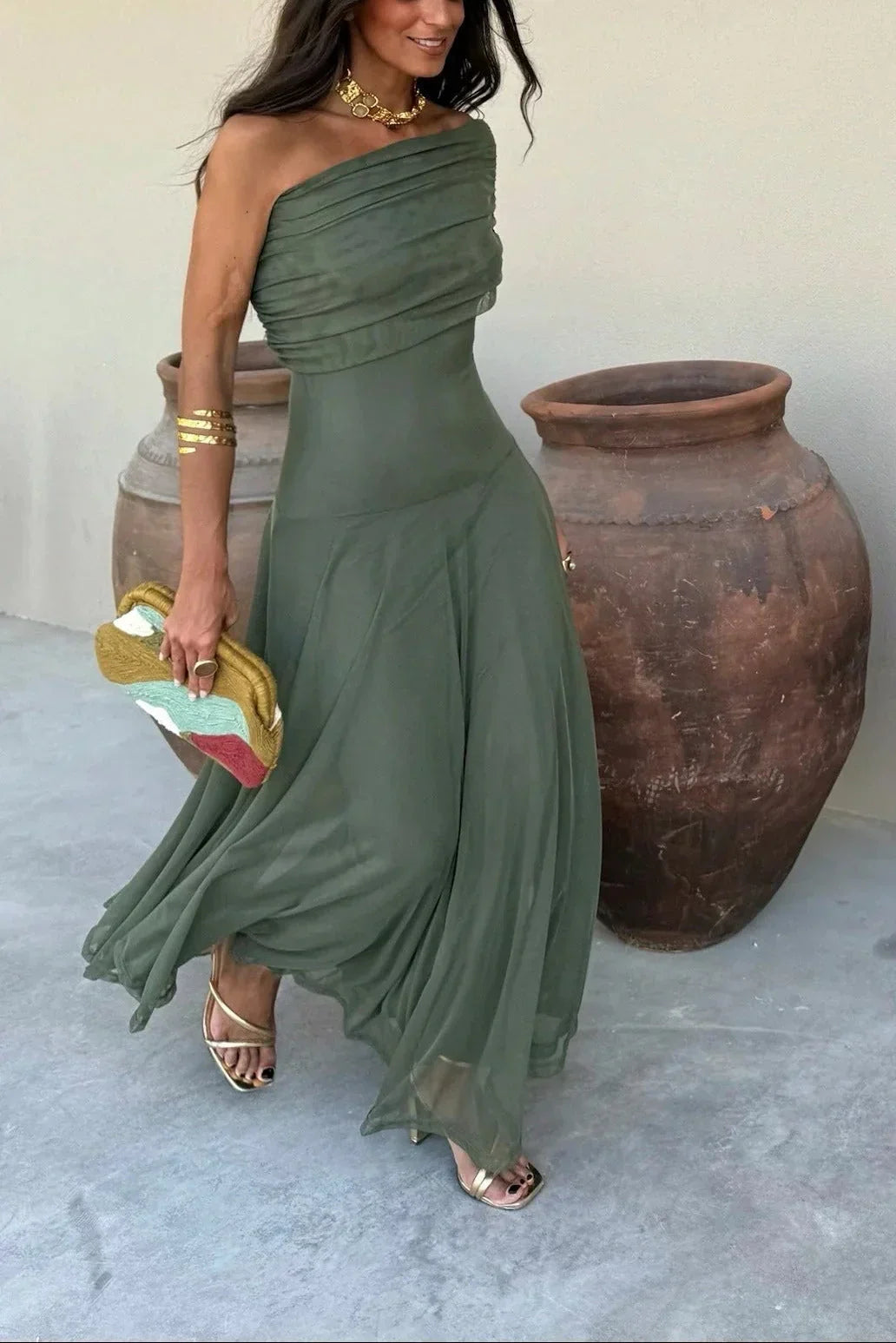 Kleid Hochzeitsgast Damen | Maxi mit One-Shoulder & Drapierung