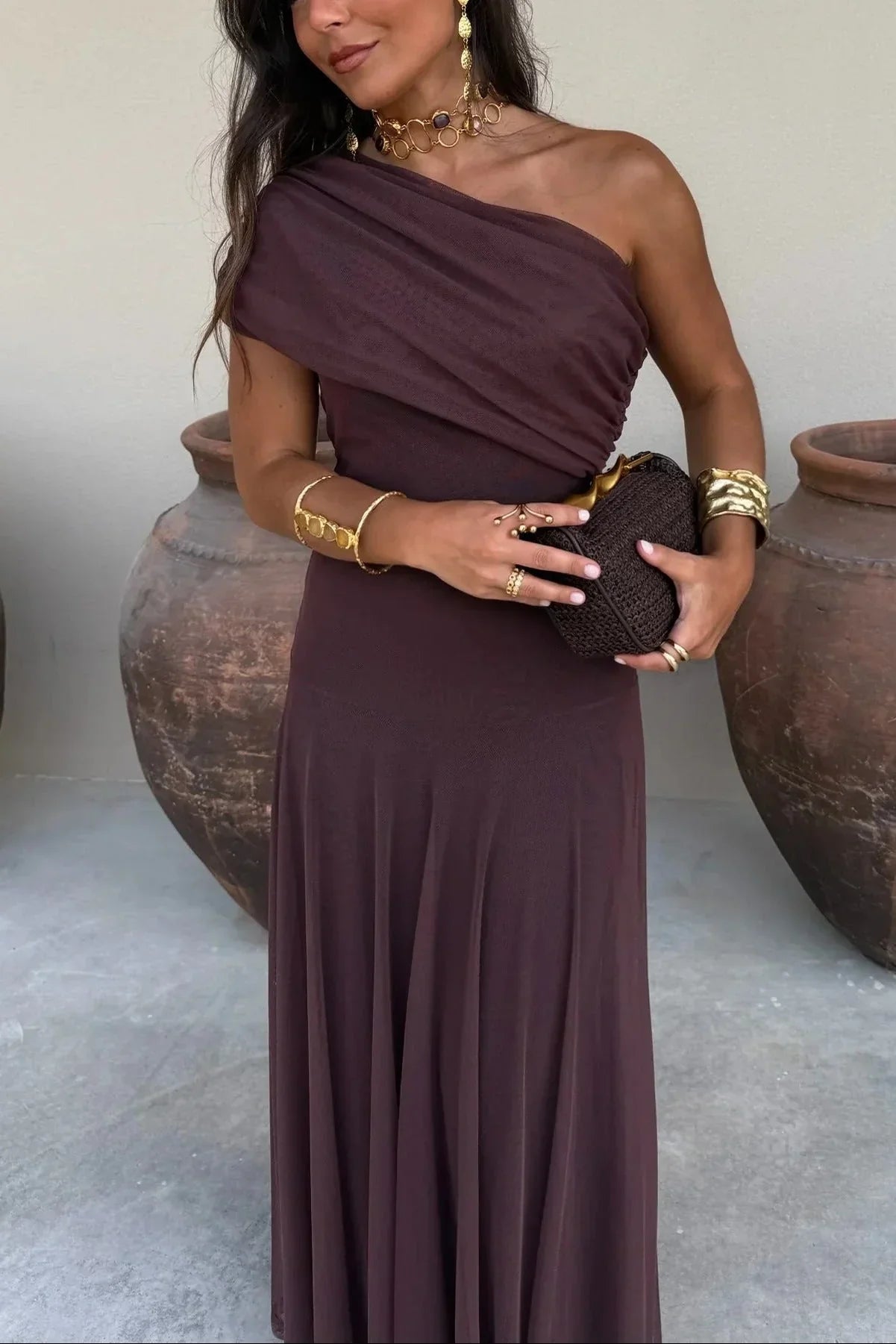 Kleid Hochzeitsgast Damen | Maxi mit One-Shoulder & Drapierung