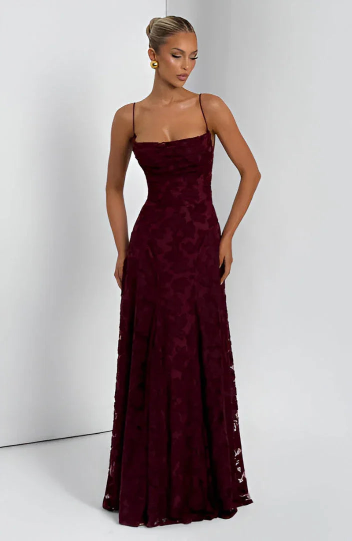 Kleid Hochzeitsgast Damen | Maxi mit 3D-Blumen & Spaghettiträgern