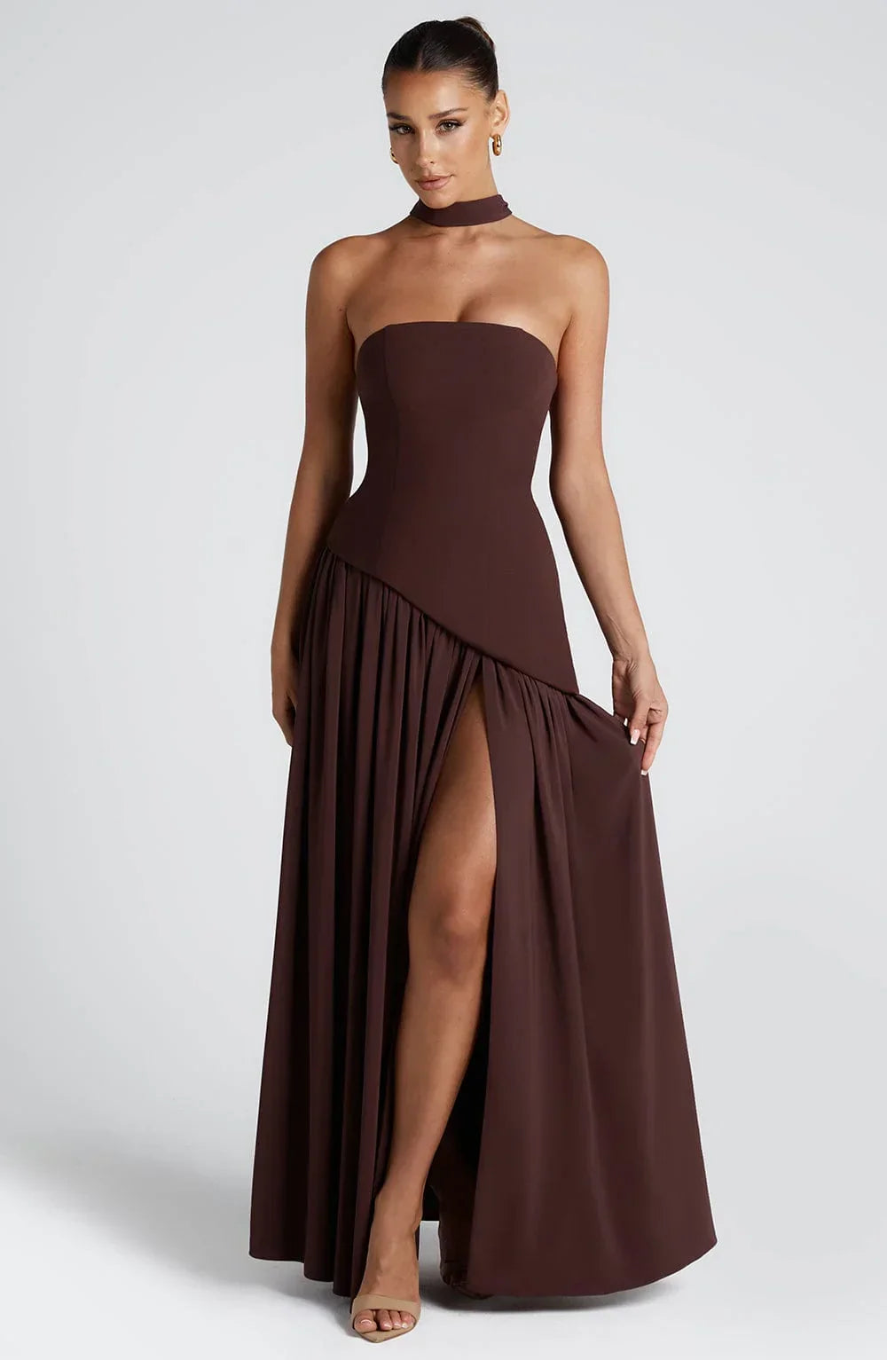 Kleid Hochzeitsgast Damen | Maxi mit Bandeau & Schalkragen