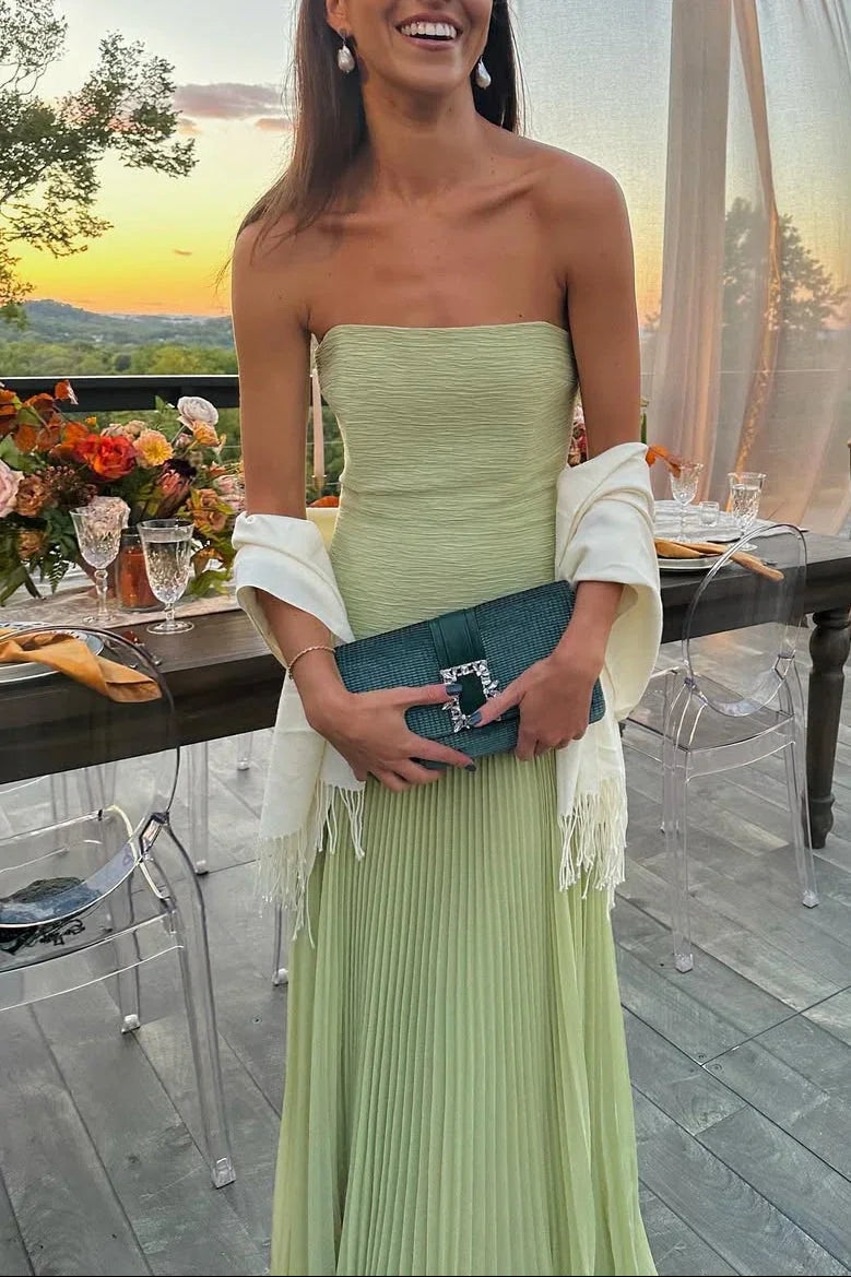 Kleid Hochzeitsgast Damen | Maxi mit Plissee & Trägerlosen Oberteil