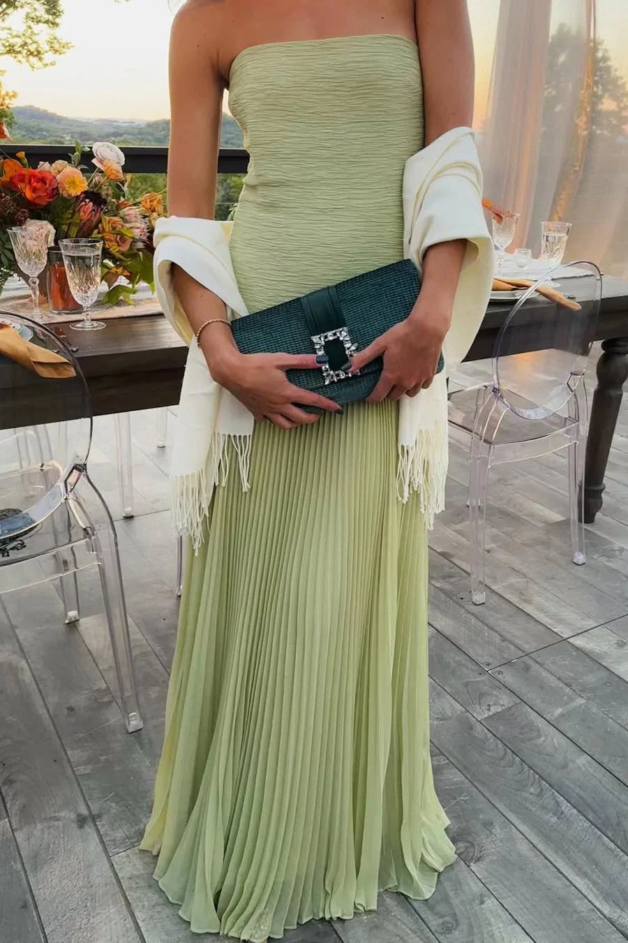 Kleid Hochzeitsgast Damen | Maxi mit Plissee & Trägerlosen Oberteil