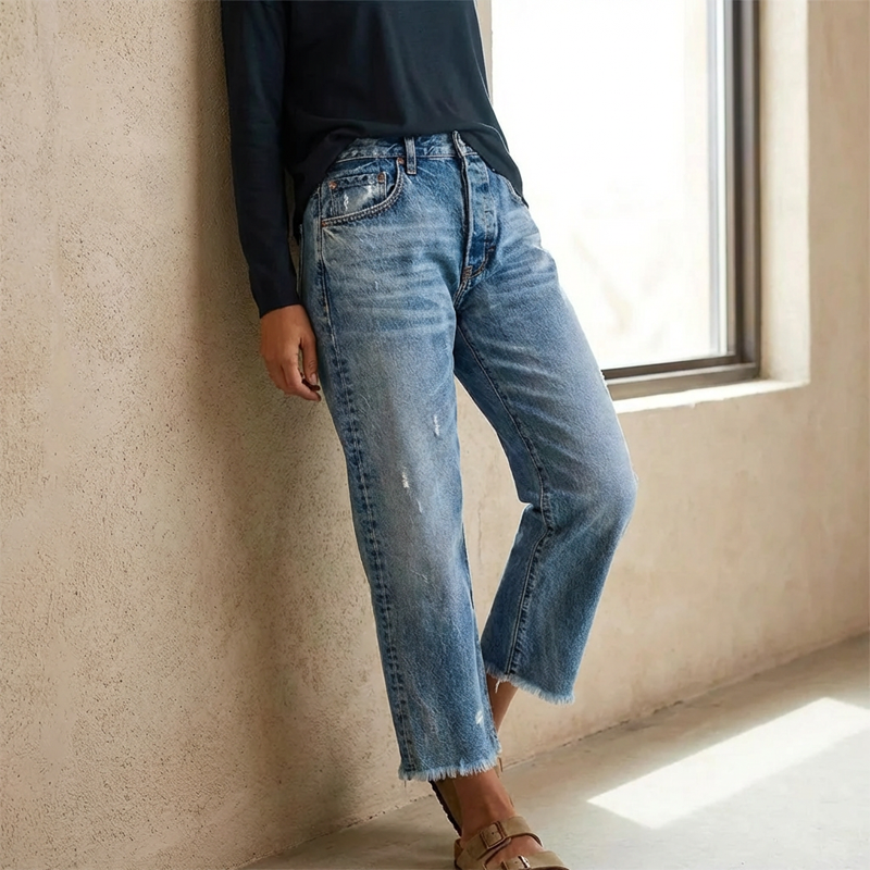 Jeans Damen | Cropped High Waist mit Destroyed-Optik & Fransensaum